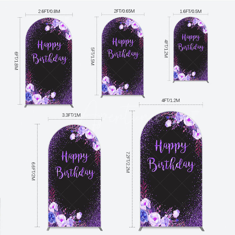 Aperturee - Aperturee Happy Birthday Arch Backdrop for Women Black and Purple Glitter with Floral Elegant Milestone Party Photo Prop