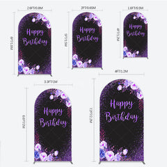 Aperturee - Aperturee Happy Birthday Arch Backdrop for Women Black and Purple Glitter with Floral Elegant Milestone Party Photo Prop
