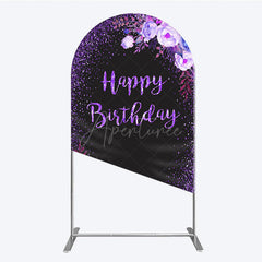 Aperturee - Aperturee Happy Birthday Arch Backdrop for Women Black and Purple Glitter with Floral Elegant Milestone Party Photo Prop