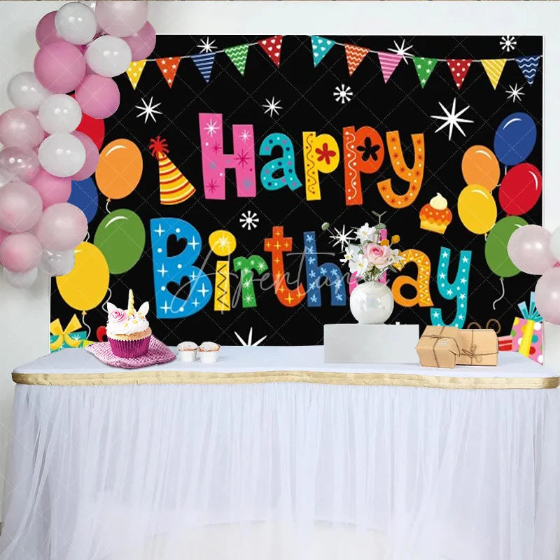 Aperturee - Aperturee Happy Birthday Backdrop Colorful Balloons Pennant Banner Black Background Kids Party Decorations Photo Booth Props