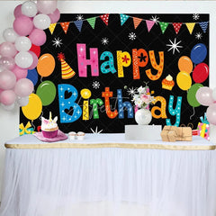Aperturee - Aperturee Happy Birthday Backdrop Colorful Balloons Pennant Banner Black Background Kids Party Decorations Photo Booth Props