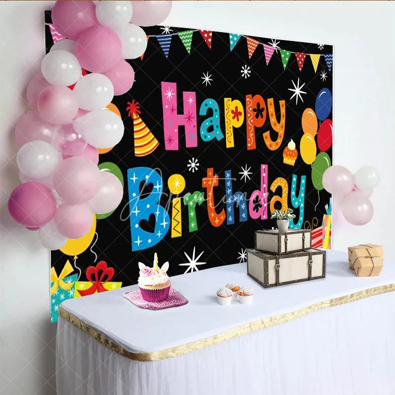 Aperturee - Aperturee Happy Birthday Backdrop Colorful Balloons Pennant Banner Black Background Kids Party Decorations Photo Booth Props