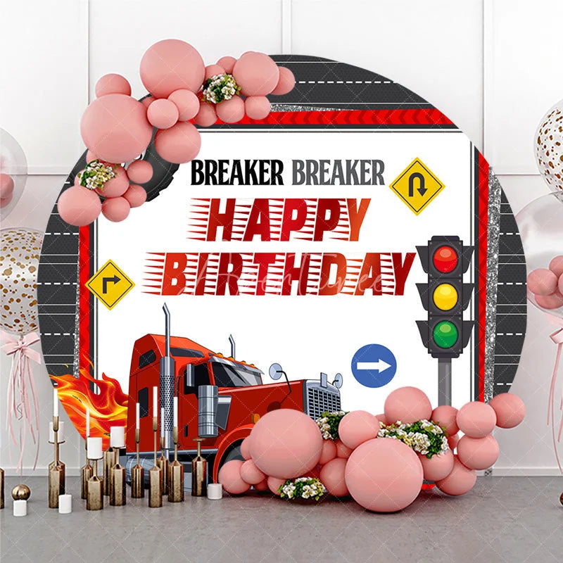 Aperturee - Aperturee Happy Birthday Big Rig Truck Round Backdrop Transportation Theme Red Semi Truck Party Supplies for Boy
