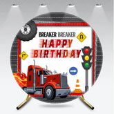 Aperturee - Aperturee Happy Birthday Big Rig Truck Round Backdrop Transportation Theme Red Semi Truck Party Supplies for Boy