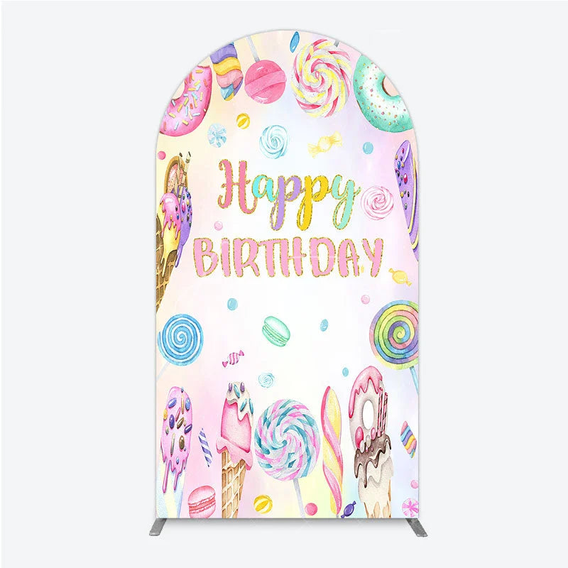 Aperturee - Aperturee Happy Birthday Candyland Arch Backdrop Pastel Donut Ice Cream and Lollipop Sweet Shoppe Party Photo Booth