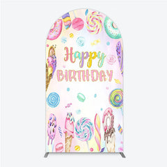 Aperturee - Aperturee Happy Birthday Candyland Arch Backdrop Pastel Donut Ice Cream and Lollipop Sweet Shoppe Party Photo Booth