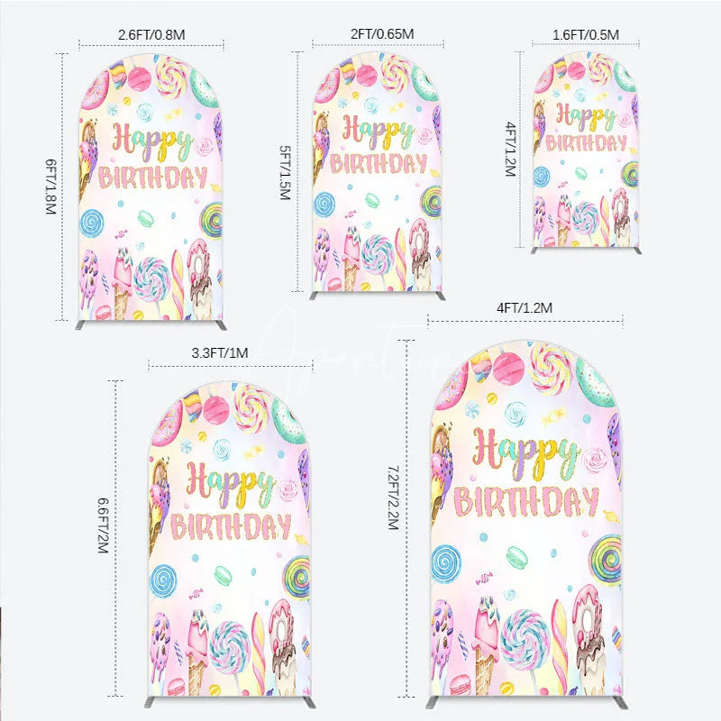 Aperturee - Aperturee Happy Birthday Candyland Arch Backdrop Pastel Donut Ice Cream and Lollipop Sweet Shoppe Party Photo Booth