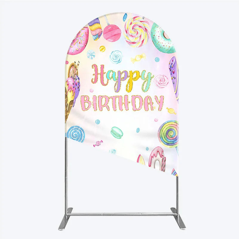 Aperturee - Aperturee Happy Birthday Candyland Arch Backdrop Pastel Donut Ice Cream and Lollipop Sweet Shoppe Party Photo Booth