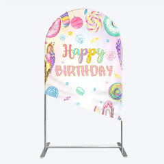 Aperturee - Aperturee Happy Birthday Candyland Arch Backdrop Pastel Donut Ice Cream and Lollipop Sweet Shoppe Party Photo Booth
