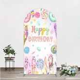 Aperturee - Aperturee Happy Birthday Candyland Arch Backdrop Pastel Donut Ice Cream and Lollipop Sweet Shoppe Party Photo Booth