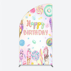 Aperturee - Aperturee Happy Birthday Candyland Half Moon Arch Backdrop Pastel Donut Ice Cream and Lollipop Sweet Shoppe Party Photo Booth