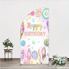 Aperturee - Aperturee Happy Birthday Candyland Half Moon Arch Backdrop Pastel Donut Ice Cream and Lollipop Sweet Shoppe Party Photo Booth