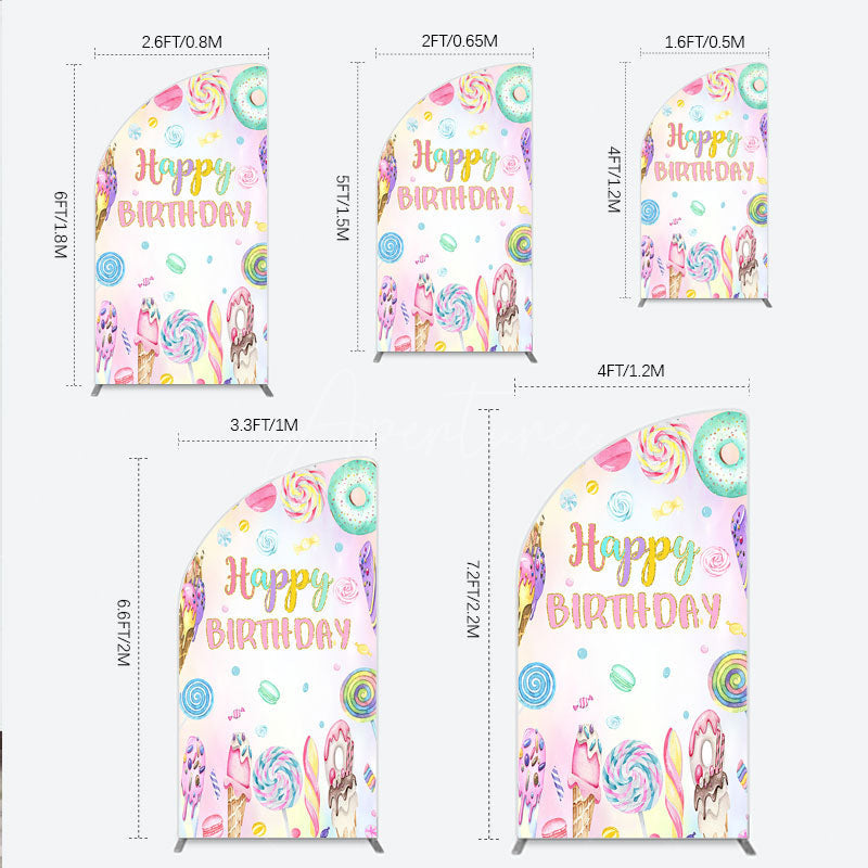 Aperturee - Aperturee Happy Birthday Candyland Half Moon Arch Backdrop Pastel Donut Ice Cream and Lollipop Sweet Shoppe Party Photo Booth
