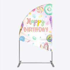 Aperturee - Aperturee Happy Birthday Candyland Half Moon Arch Backdrop Pastel Donut Ice Cream and Lollipop Sweet Shoppe Party Photo Booth