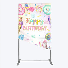 Aperturee - Aperturee Happy Birthday Candyland Rectangle Backdrop Pastel Donut Ice Cream and Lollipop Sweet Shoppe Party Photo Booth