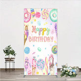 Aperturee - Aperturee Happy Birthday Candyland Rectangle Backdrop Pastel Donut Ice Cream and Lollipop Sweet Shoppe Party Photo Booth