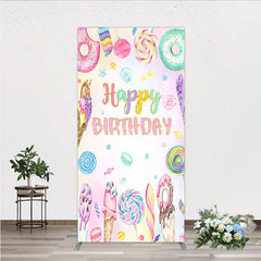 Aperturee - Aperturee Happy Birthday Candyland Rectangle Backdrop Pastel Donut Ice Cream and Lollipop Sweet Shoppe Party Photo Booth