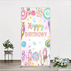 Aperturee - Aperturee Happy Birthday Candyland Rectangle Backdrop Pastel Donut Ice Cream and Lollipop Sweet Shoppe Party Photo Booth