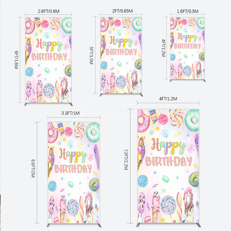 Aperturee - Aperturee Happy Birthday Candyland Rectangle Backdrop Pastel Donut Ice Cream and Lollipop Sweet Shoppe Party Photo Booth
