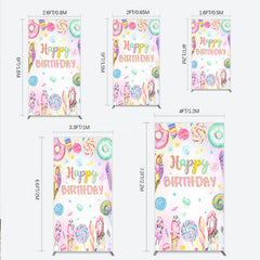 Aperturee - Aperturee Happy Birthday Candyland Rectangle Backdrop Pastel Donut Ice Cream and Lollipop Sweet Shoppe Party Photo Booth