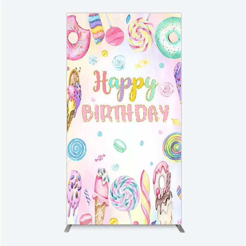 Aperturee - Aperturee Happy Birthday Candyland Rectangle Backdrop Pastel Donut Ice Cream and Lollipop Sweet Shoppe Party Photo Booth