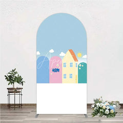 Aperturee - Aperturee Happy Birthday Cartoon Houses Arch Backdrop Simple Blue Sky with Sun and Clouds Background Kids Cute Town Party Decor