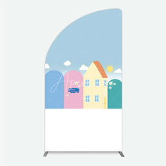 Aperturee - Aperturee Happy Birthday Cartoon Houses Half Moon Arch Backdrop Simple Blue Sky with Sun and Clouds Background Kids Cute Town