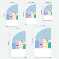 Aperturee - Aperturee Happy Birthday Cartoon Houses Half Moon Arch Backdrop Simple Blue Sky with Sun and Clouds Background Kids Cute Town