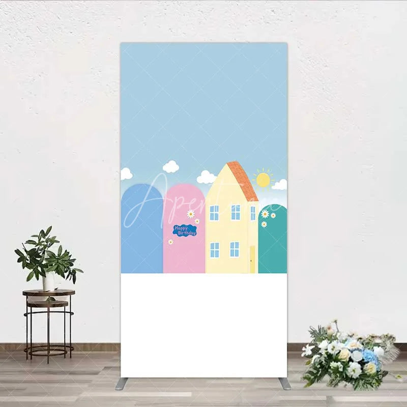 Aperturee - Aperturee Happy Birthday Cartoon Houses Rectangle Backdrop Simple Blue Sky with Sun and Clouds Background Kids Cute Town Party