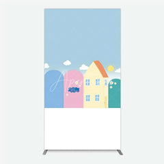 Aperturee - Aperturee Happy Birthday Cartoon Houses Rectangle Backdrop Simple Blue Sky with Sun and Clouds Background Kids Cute Town Party