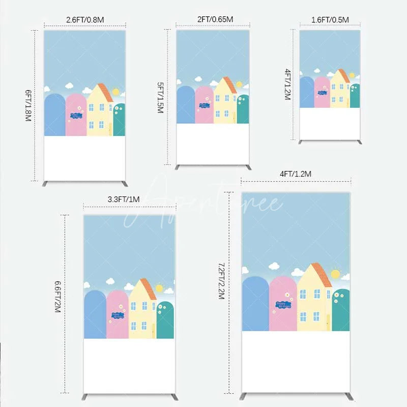 Aperturee - Aperturee Happy Birthday Cartoon Houses Rectangle Backdrop Simple Blue Sky with Sun and Clouds Background Kids Cute Town Party