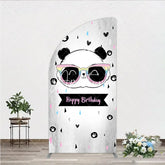 Aperturee - Aperturee Happy Birthday Cartoon Panda Half Moon Arch Backdrop with Rainbow Sunglasses Silver Textured Background Party Decor
