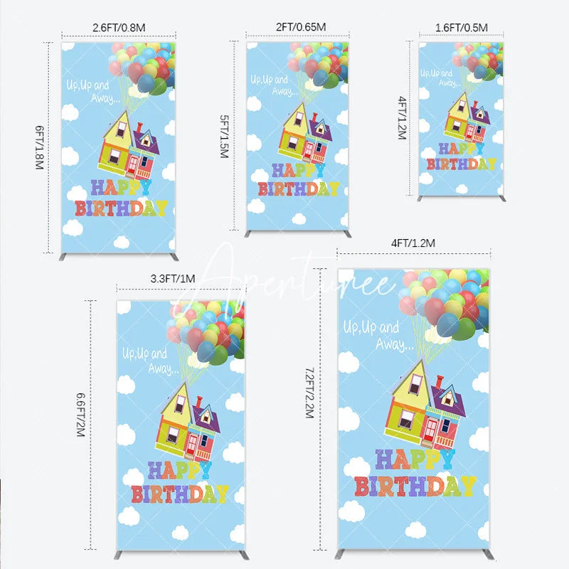 Aperturee - Aperturee Happy Birthday Colorful Balloons Floating House Rectangle Arch Backdrop Whimsical Sky Adventure Decor