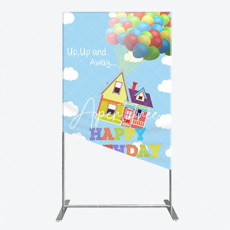 Aperturee - Aperturee Happy Birthday Colorful Balloons Floating House Rectangle Arch Backdrop Whimsical Sky Adventure Decor