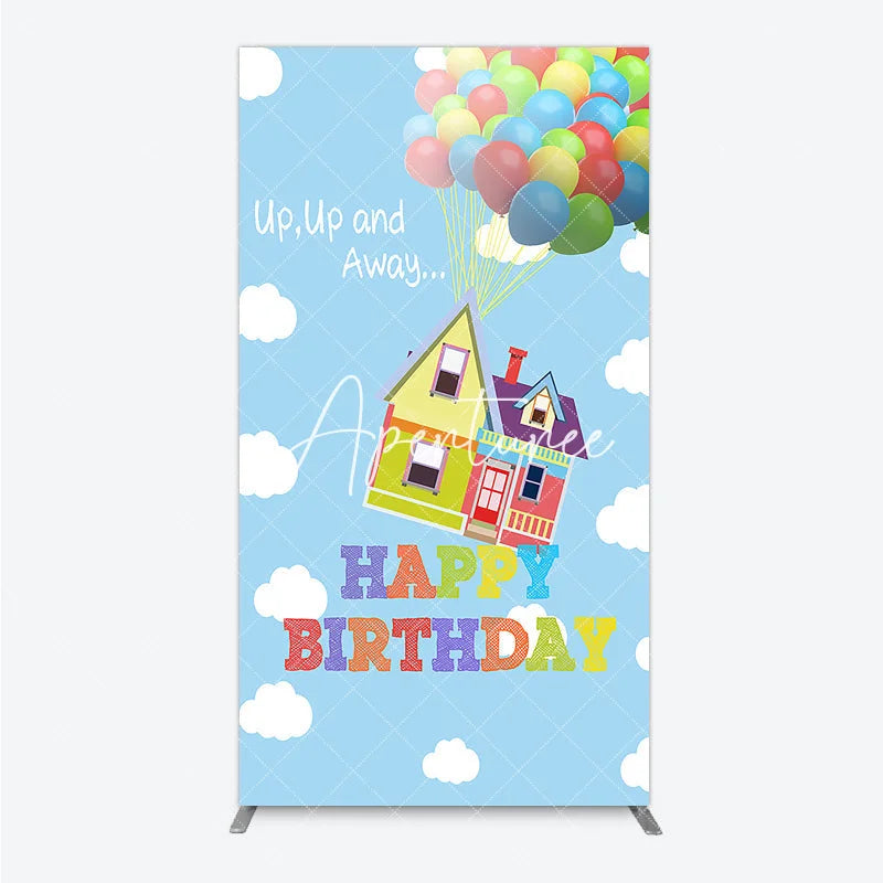 Aperturee - Aperturee Happy Birthday Colorful Balloons Floating House Rectangle Arch Backdrop Whimsical Sky Adventure Decor