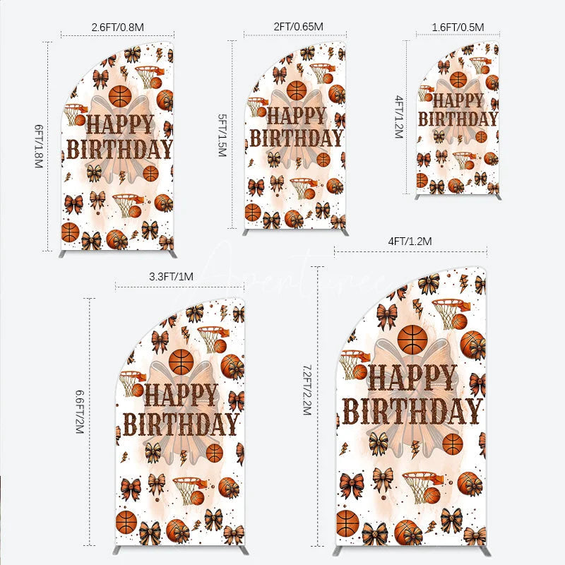 Aperturee - Aperturee Happy Birthday Half Moon Arch Backdrop Basketballs or Bows Gender Reveal He or She Sports Theme Party Decor