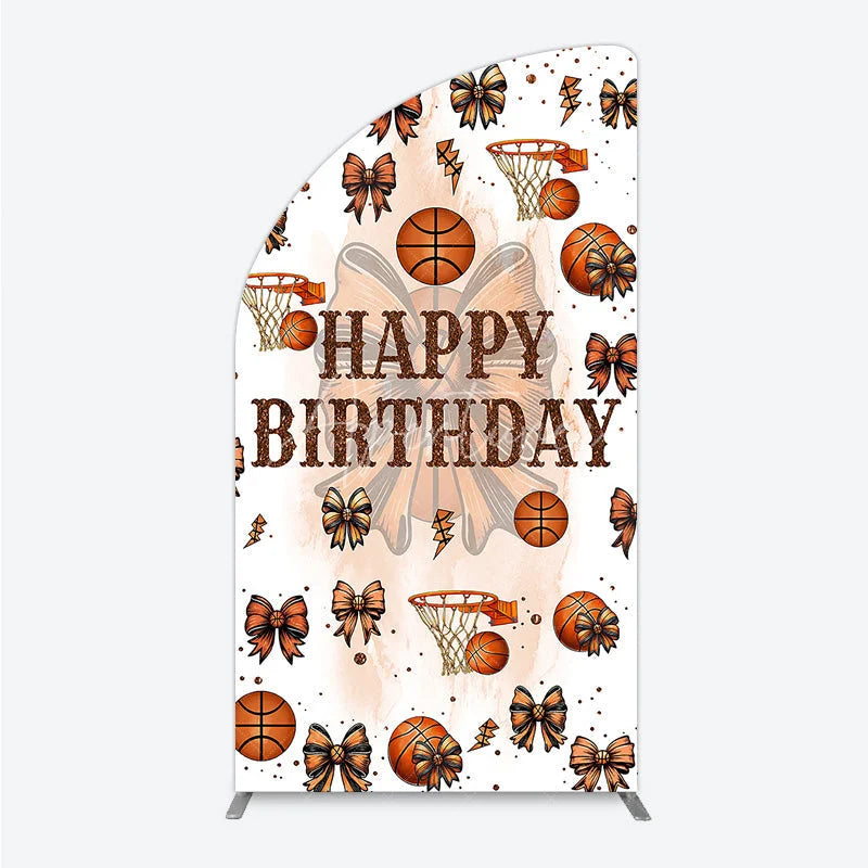 Aperturee - Aperturee Happy Birthday Half Moon Arch Backdrop Basketballs or Bows Gender Reveal He or She Sports Theme Party Decor