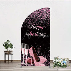 Aperturee - Aperturee Happy Birthday Half Moon Arch Backdrop for Her Pink Glitter High Heels and Champagne Fabulous Women’s Party Photo Prop