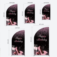 Aperturee - Aperturee Happy Birthday Half Moon Arch Backdrop for Her Pink Glitter High Heels and Champagne Fabulous Women’s Party Photo Prop