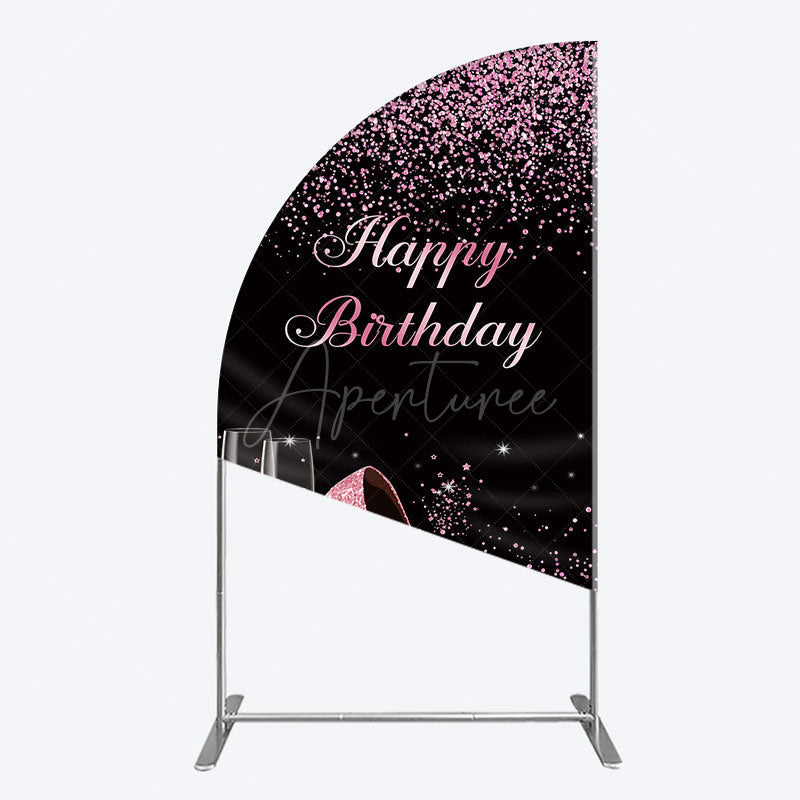 Aperturee - Aperturee Happy Birthday Half Moon Arch Backdrop for Her Pink Glitter High Heels and Champagne Fabulous Women’s Party Photo Prop