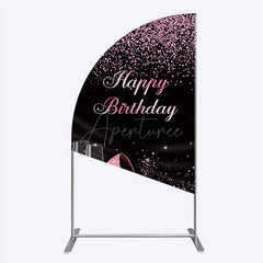 Aperturee - Aperturee Happy Birthday Half Moon Arch Backdrop for Her Pink Glitter High Heels and Champagne Fabulous Women’s Party Photo Prop