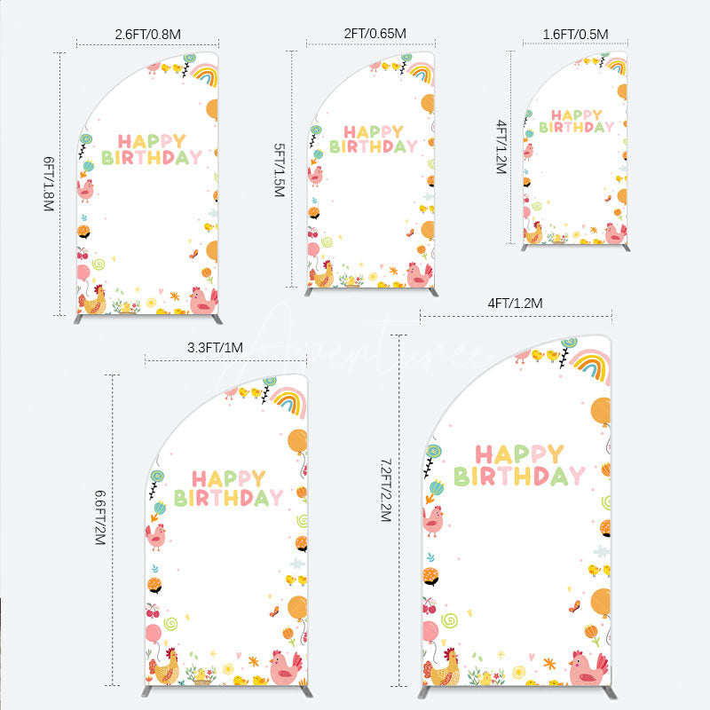 Aperturee - Aperturee Happy Birthday Half Moon Arch Backdrop for Kids Cute Farm Friends with Chicken and Chicks Sunshine and Rainbow Party