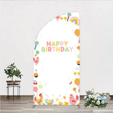 Aperturee - Aperturee Happy Birthday Half Moon Arch Backdrop for Kids Cute Farm Friends with Chicken and Chicks Sunshine and Rainbow Party