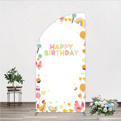 Aperturee - Aperturee Happy Birthday Half Moon Arch Backdrop for Kids Cute Farm Friends with Chicken and Chicks Sunshine and Rainbow Party