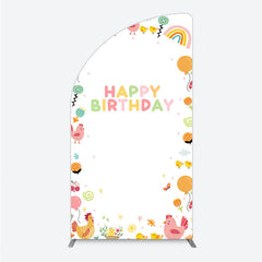 Aperturee - Aperturee Happy Birthday Half Moon Arch Backdrop for Kids Cute Farm Friends with Chicken and Chicks Sunshine and Rainbow Party