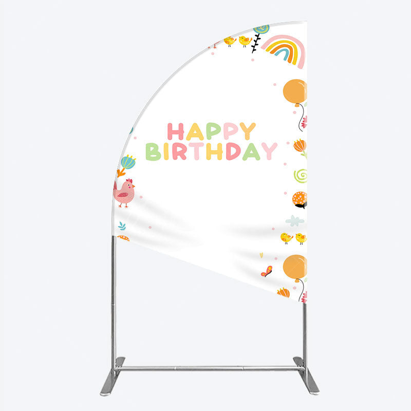 Aperturee - Aperturee Happy Birthday Half Moon Arch Backdrop for Kids Cute Farm Friends with Chicken and Chicks Sunshine and Rainbow Party