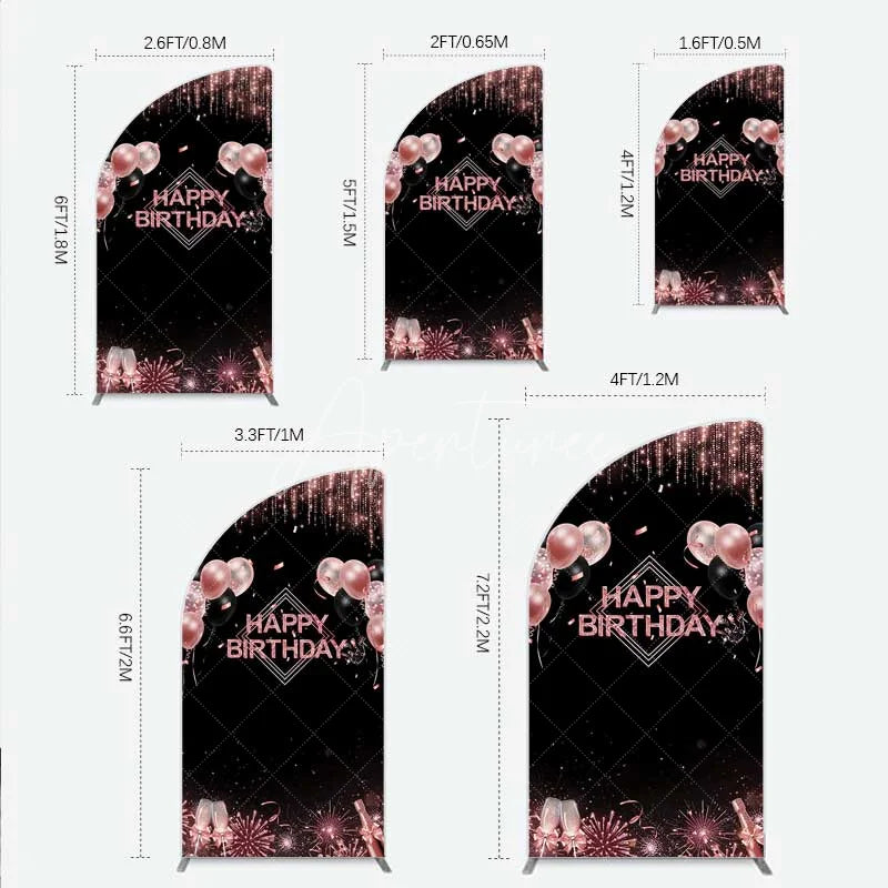 Aperturee - Aperturee Happy Birthday Half Moon Arch Backdrop Rose Gold Balloons Black Glitter Champagne Decor