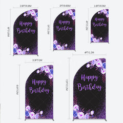 Aperturee - Aperturee Happy Birthday Half Moon Arch Backdrop for Women Black and Purple Glitter with Floral Elegant Milestone Party Photo