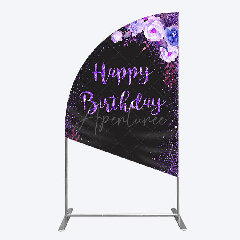 Aperturee - Aperturee Happy Birthday Half Moon Arch Backdrop for Women Black and Purple Glitter with Floral Elegant Milestone Party Photo