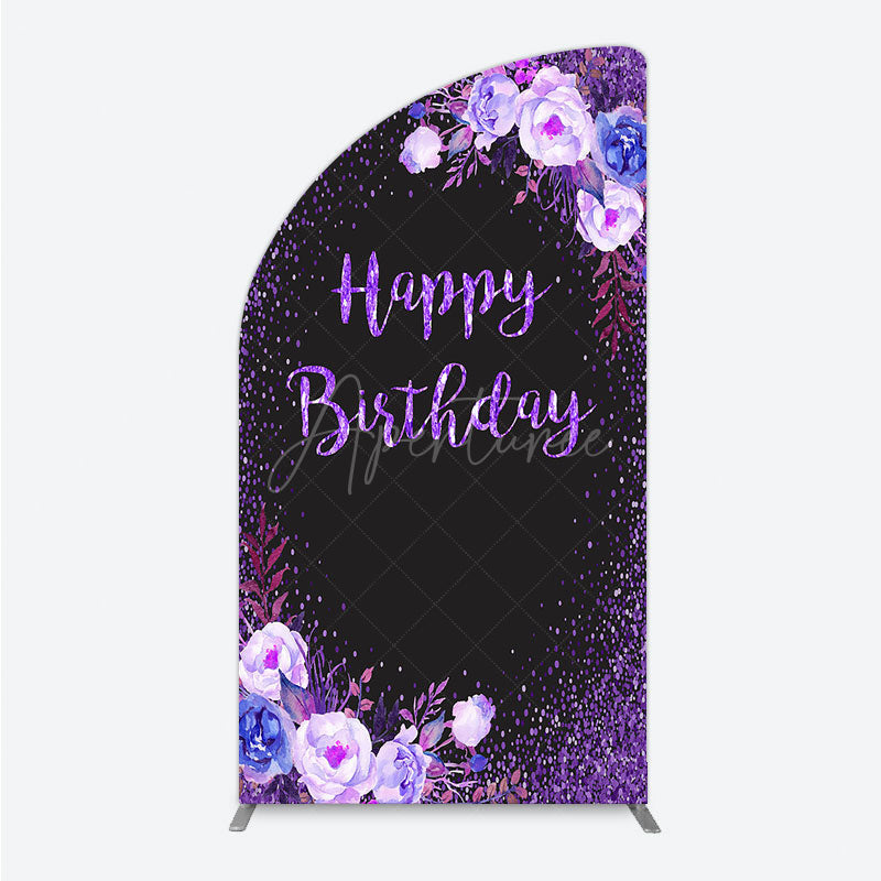 Aperturee - Aperturee Happy Birthday Half Moon Arch Backdrop for Women Black and Purple Glitter with Floral Elegant Milestone Party Photo